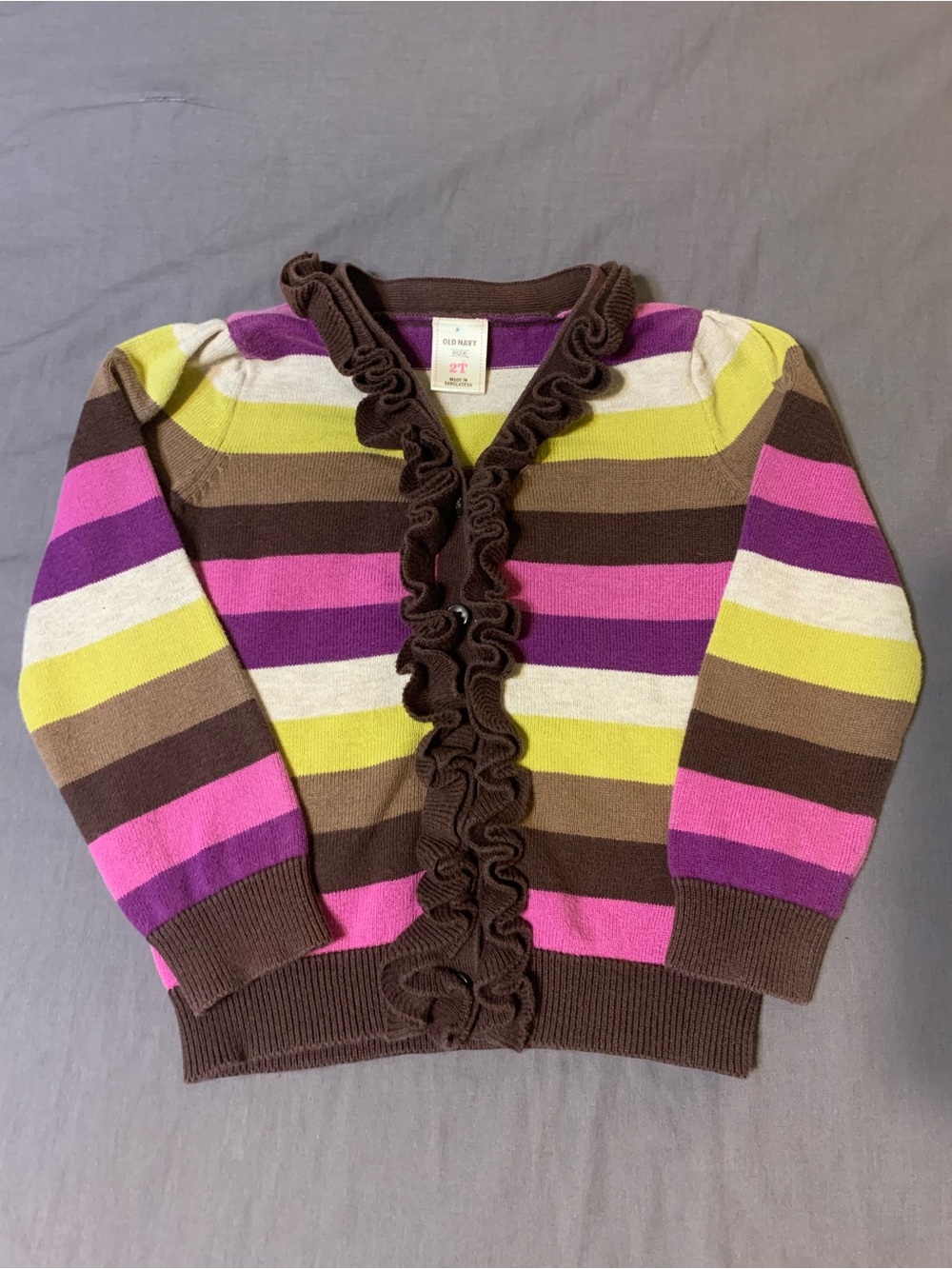 Old Navy Brown Pink Purple Yellow Striped Ruffle Cardigan